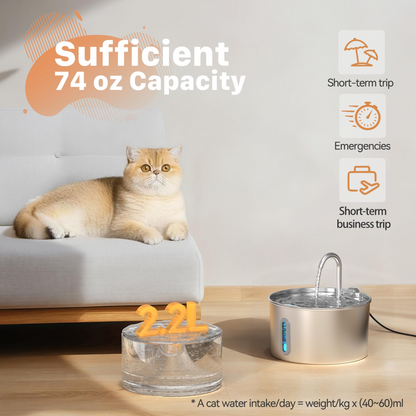 2.2L Stainless Steel Cat Water Fountain – Automatic Pet Water Dispenser with Faucet, Water Level Window & Ultra-Quiet Pump