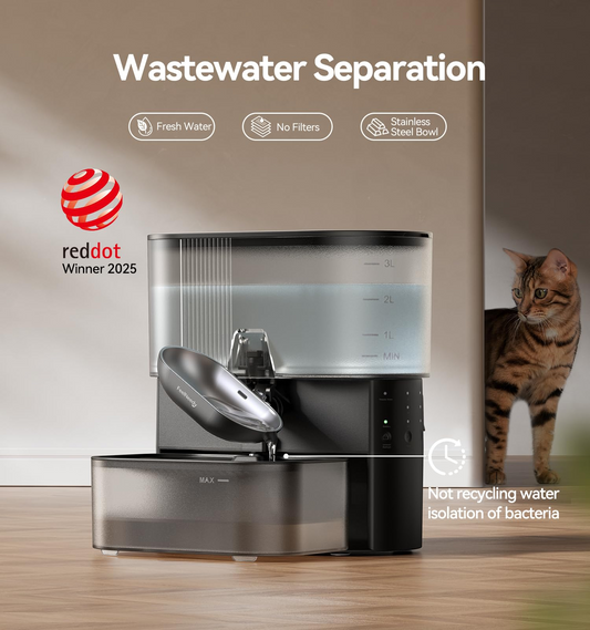 3.5L Wireless Pet Water Fountain – Stainless Steel Bowl, No Filter, Wastewater Separation, Black