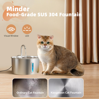 2.2L Stainless Steel Cat Water Fountain – Automatic Pet Water Dispenser with Faucet, Water Level Window & Ultra-Quiet Pump