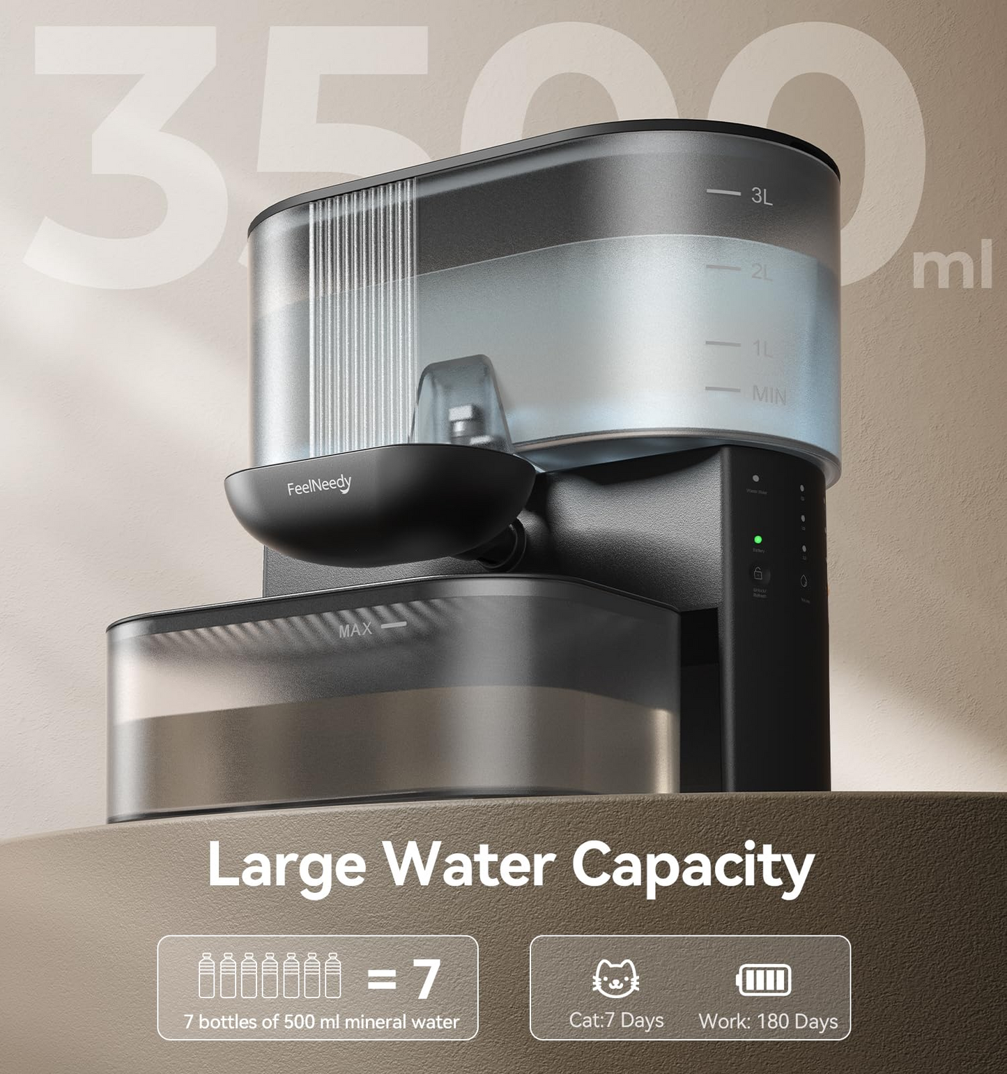 3.5L Wireless Pet Water Fountain – Stainless Steel Bowl, No Filter, Wastewater Separation, Black
