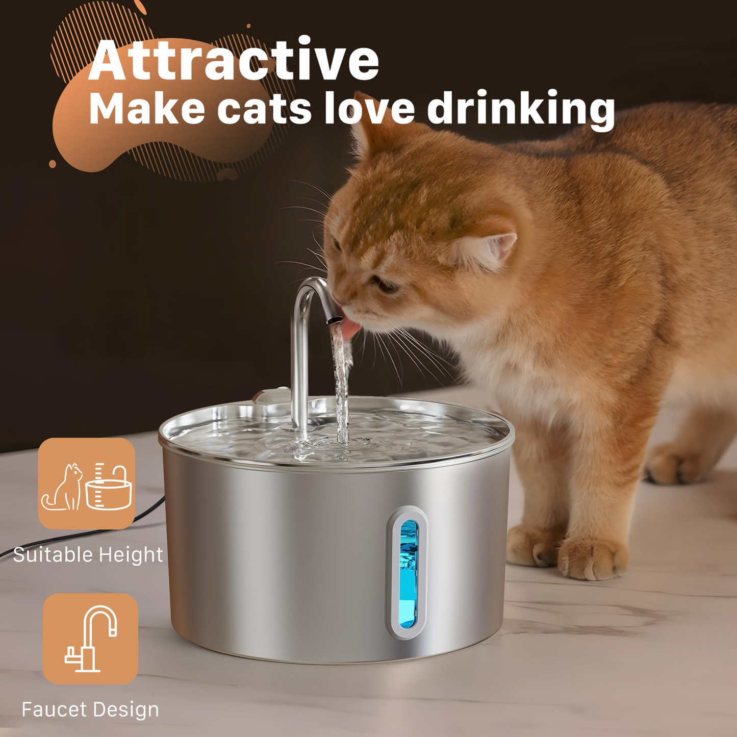 2.2L Stainless Steel Cat Water Fountain – Automatic Pet Water Dispenser with Faucet, Water Level Window & Ultra-Quiet Pump