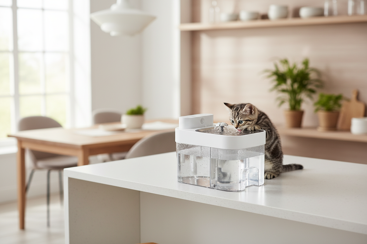 Kitten Drinking from Automatic Water Fountain - Lifestyle Scene
