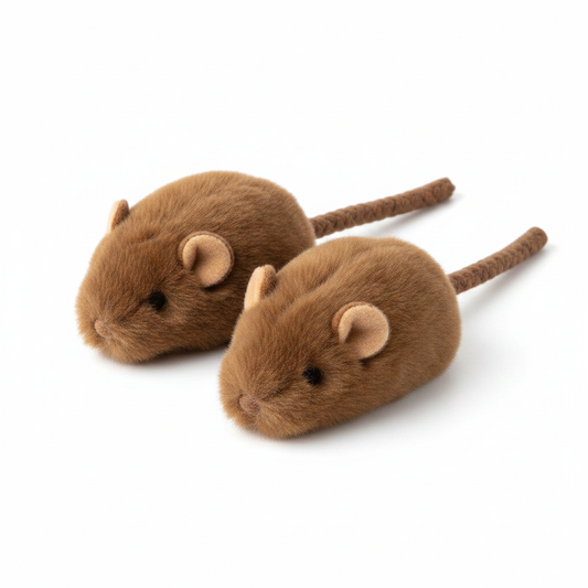2 realistic plush squeaky mouse cat toys on white background