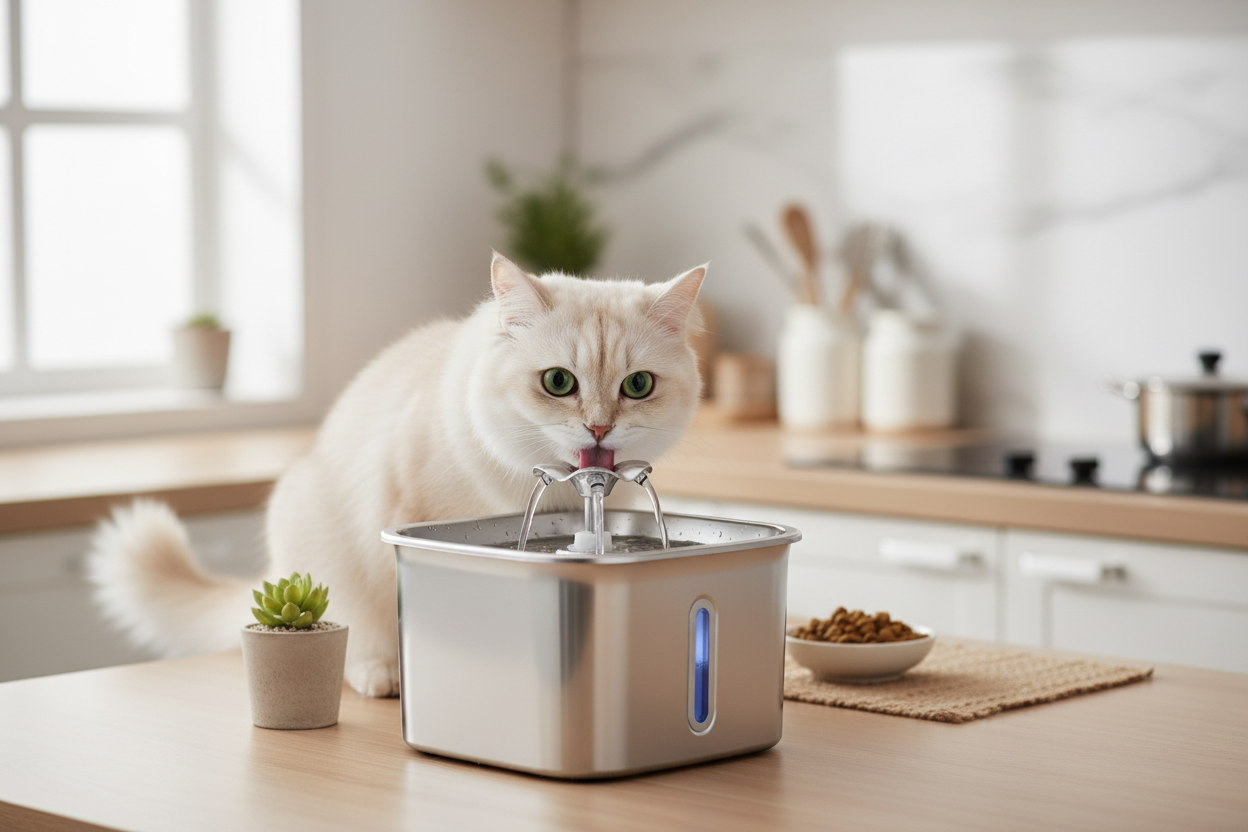 Cat Drinking from Flower Water Fountain - Lifestyle